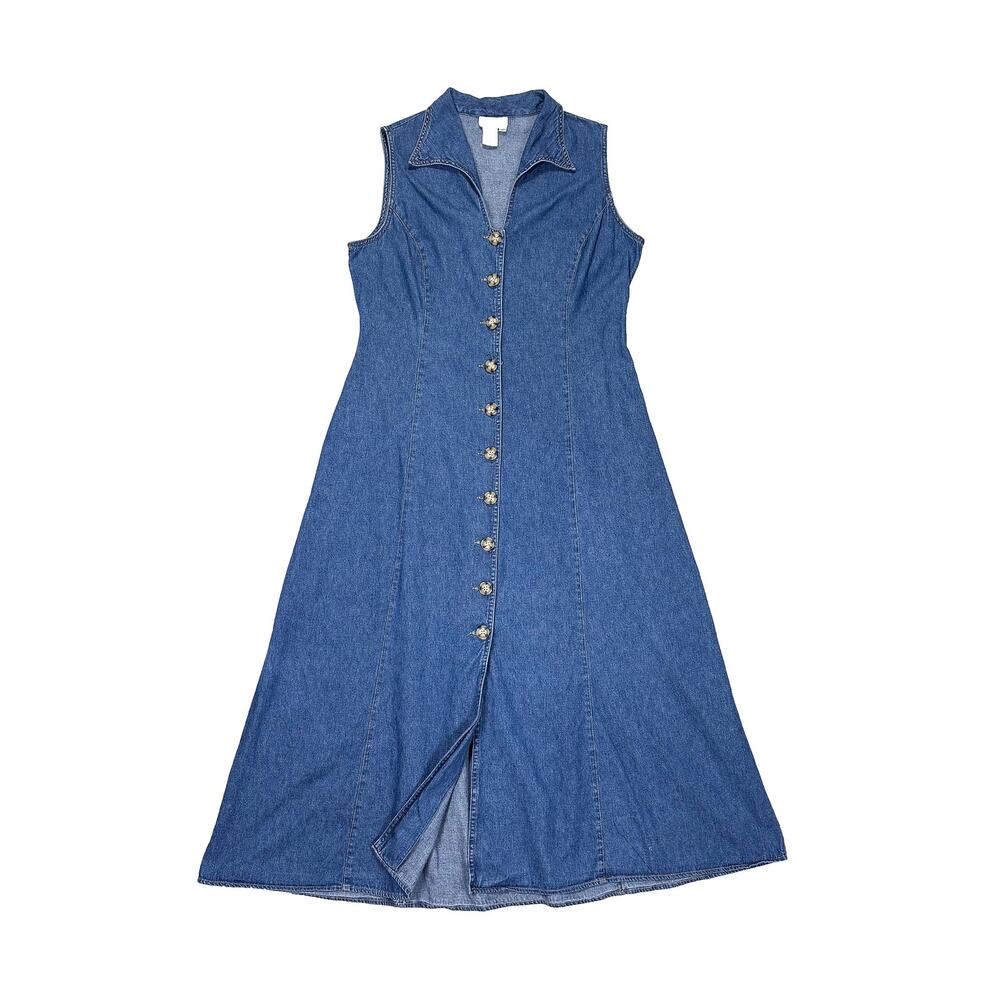 Coldwater Creek Denim Maxi Dress Women 12 Sleeveless Button Front Cottage Retro